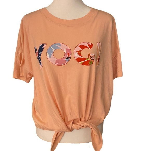 Claudie Pierlot Peach Orange Short Sleeve Waist Tie YOGI Print Knit T-Shirt SZ 2 - Picture 1 of 8